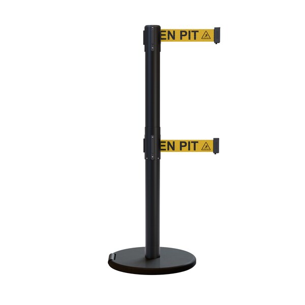 Montour Line Retractable Belt Dbl Roller Stanchion, 2.5ft Black Post 7.5ft Opens P400DRL-BK-BEWARYB-75 - main